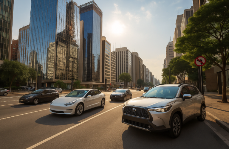 Trânsito com carros elétricos em avenida brasileira, representando o futuro da mobilidade no Brasil.