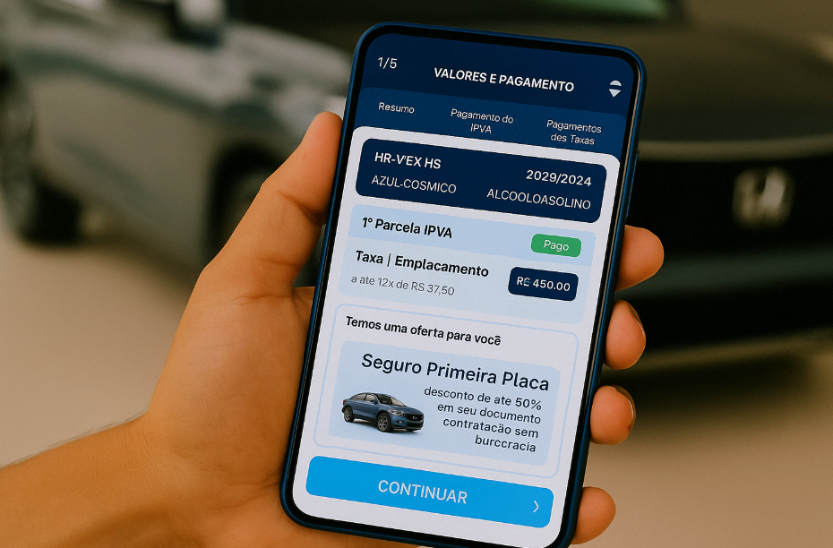 Aplicativo Primeira Placa sendo usado para emplacar veículo 0km de forma prática e econômica.