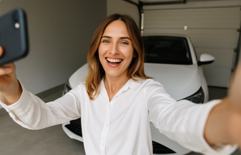 Mulher sorridente tirando uma selfie ao lado de seu carro novo branco, estacionado dentro de uma garagem, transmitindo alegria e conquista.