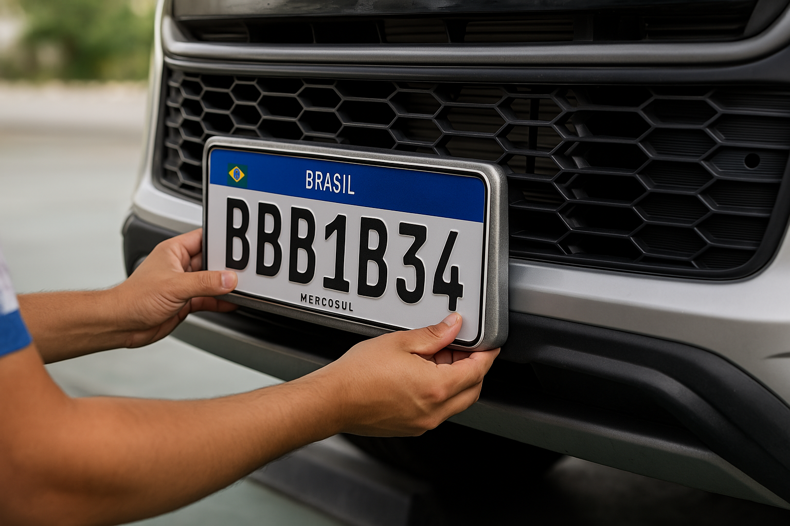 Close da nova placa padrão Mercosul em um carro no Brasil, evidenciando o design atualizado com a tarja azul e QR Code de segurança.