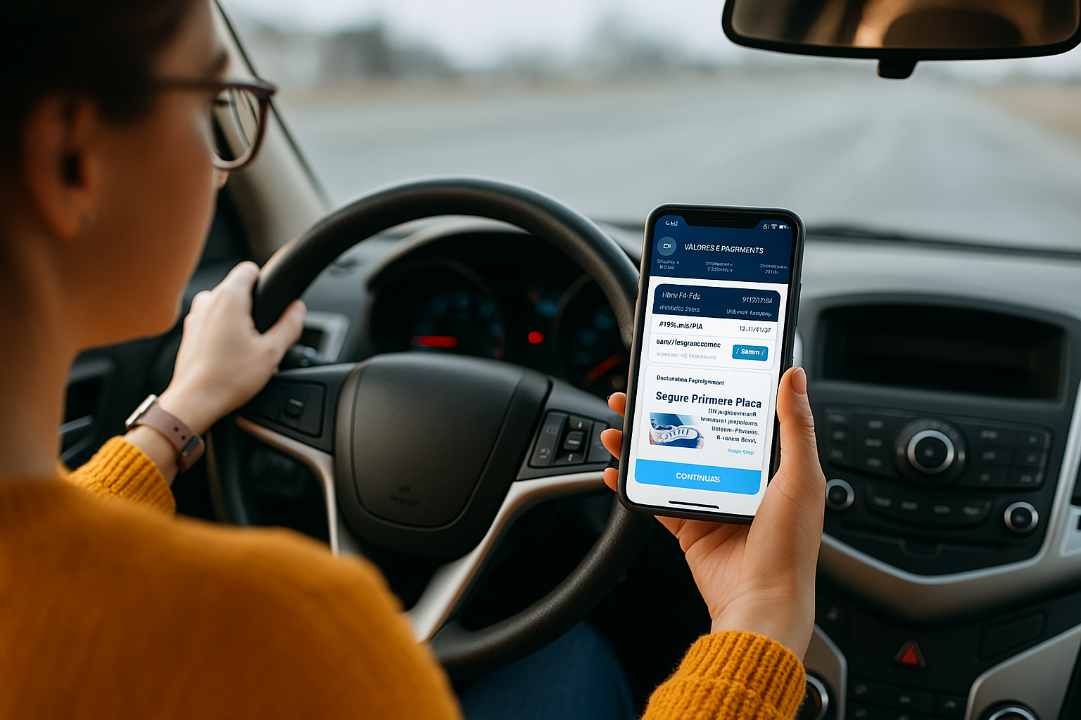 mulher ao volante, segurando o celular com o aplicativo Primeira Placa aberto, visualizando informações sobre o emplacamento do seu veículo.