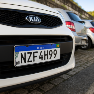 Placa de veículo no padrão Mercosul em um carro estacionado, destacando o novo design adotado no Brasil.