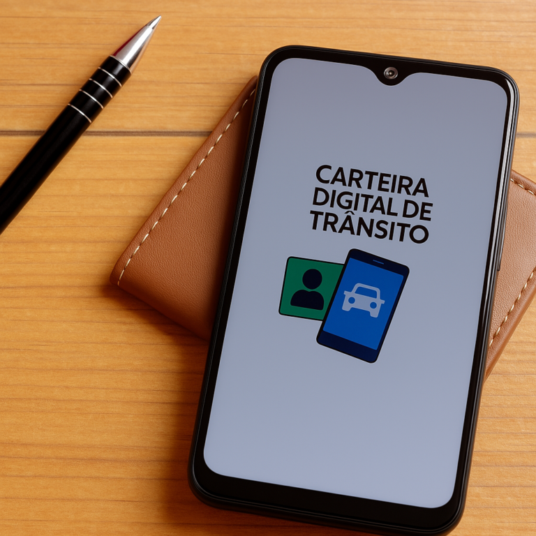 Carteira Nacional de Habilitação (CNH) digital exibida na tela de um smartphone, com a versão física do documento ao fundo.