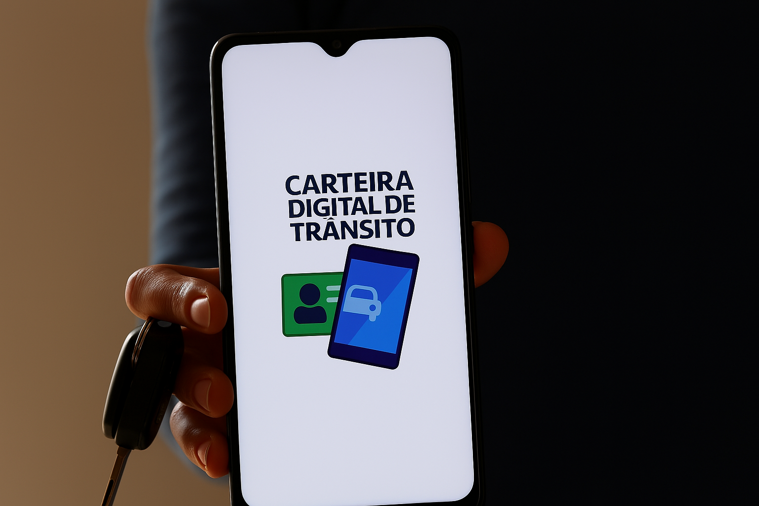 Pessoa segurando um smartphone com a tela exibindo o aplicativo "Carteira Digital de Trânsito", ao lado de uma chave de carro, com fundo escuro e iluminação focada no aparelho.
