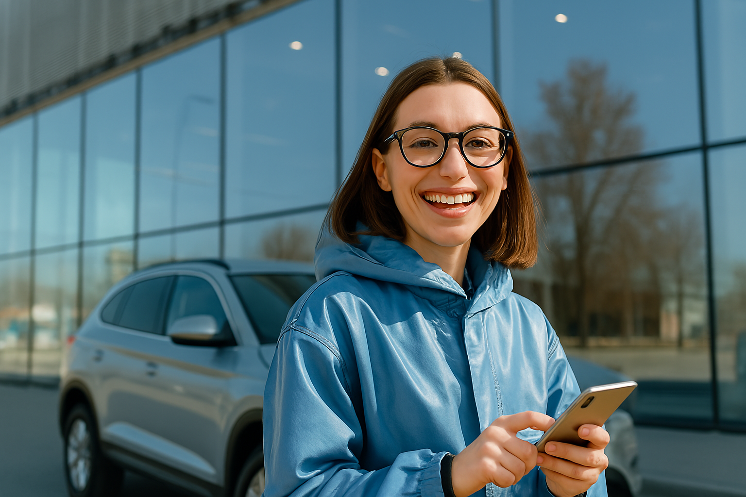 Mulher sorridente com um smartphone em mãos, simbolizando a praticidade e modernidade do processo de emplacamento de veículos com o serviço Primeira Placa.