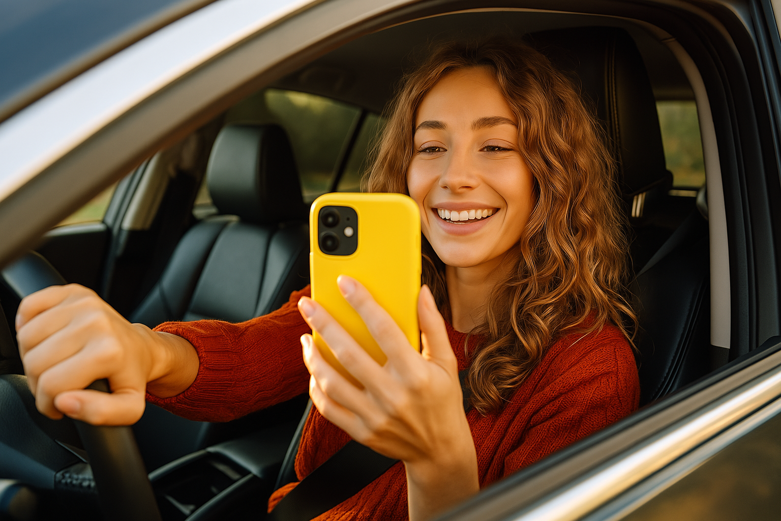 Jovem dentro do carro usando o smartphone, representando a praticidade e conveniência do Primeira Placa para o emplacamento de veículos.