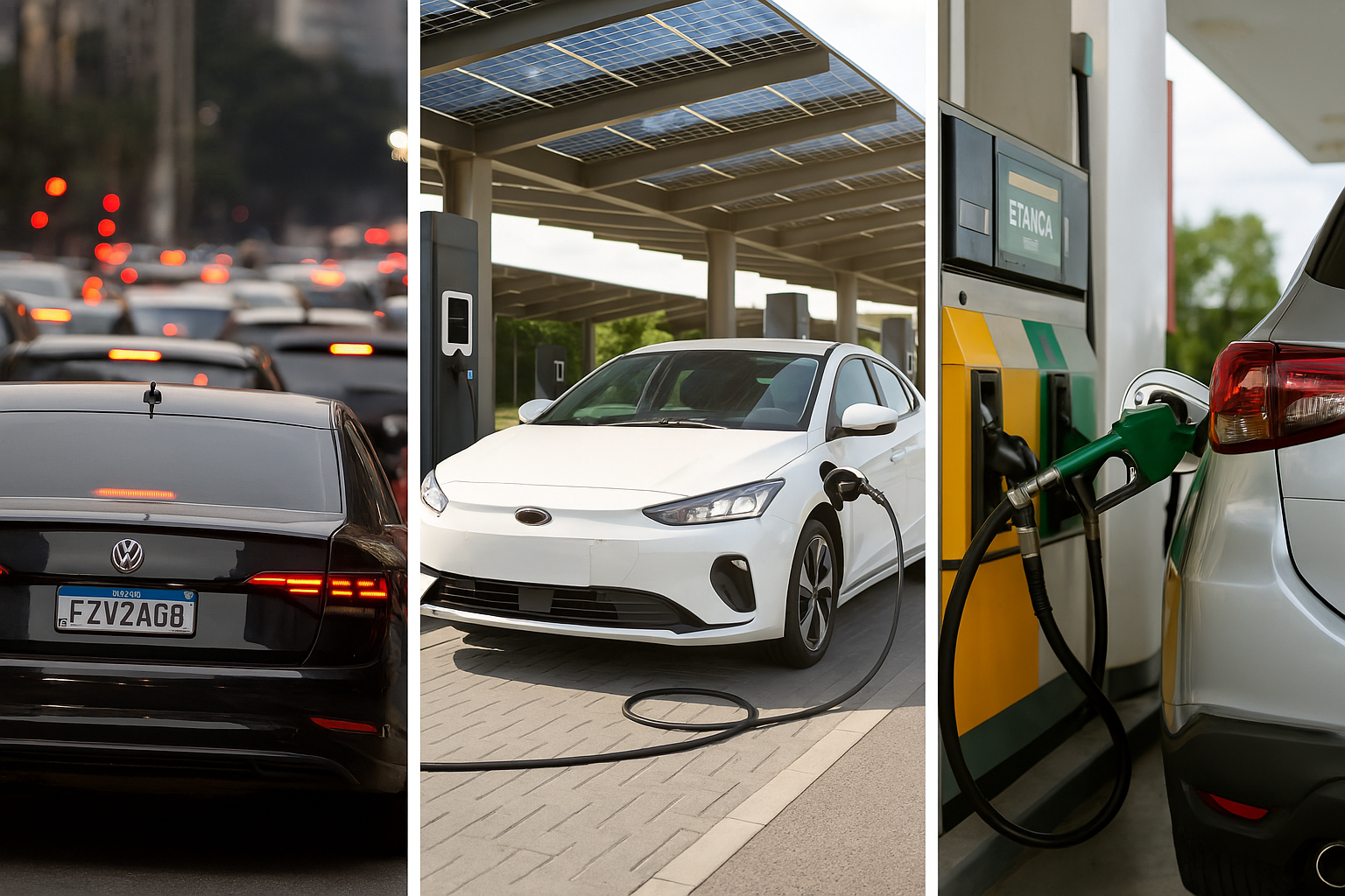 Imagem dividida em três partes mostrando diferentes tipos de abastecimento de veículos. À esquerda, um carro a combustão preso em um congestionamento urbano. No centro, um carro elétrico branco sendo carregado em um posto moderno com painéis solares no teto. À direita, um carro flex abastecendo com etanol em um posto de combustível, destacando a transição para fontes mais sustentáveis