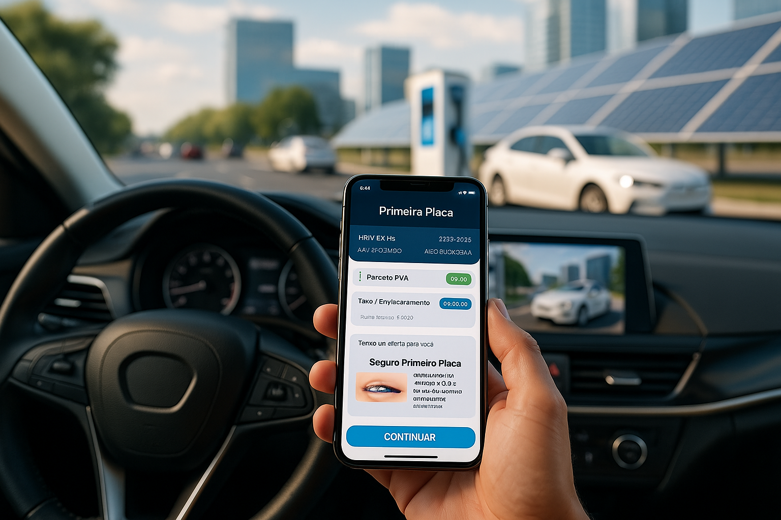 Pessoa segurando um smartphone dentro do carro, com a tela exibindo o aplicativo Primeira Placa. Ao fundo, é possível ver um carro elétrico sendo carregado em uma estação com painéis solares, representando inovação, mobilidade digital e sustentabilidade.