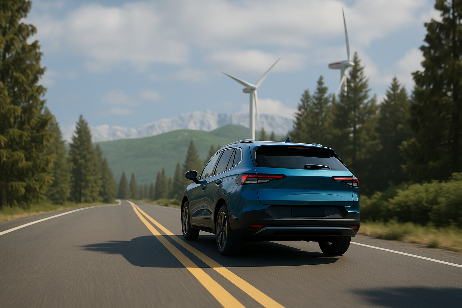 Carro elétrico azul percorrendo uma estrada cercada por árvores e montanhas ao fundo, com turbinas eólicas visíveis no horizonte, simbolizando um futuro sustentável e conectado à energia limpa.