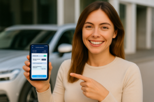 Usuário utilizando o app Primeira Placa para resolver a documentação do veículo com praticidade e economia.