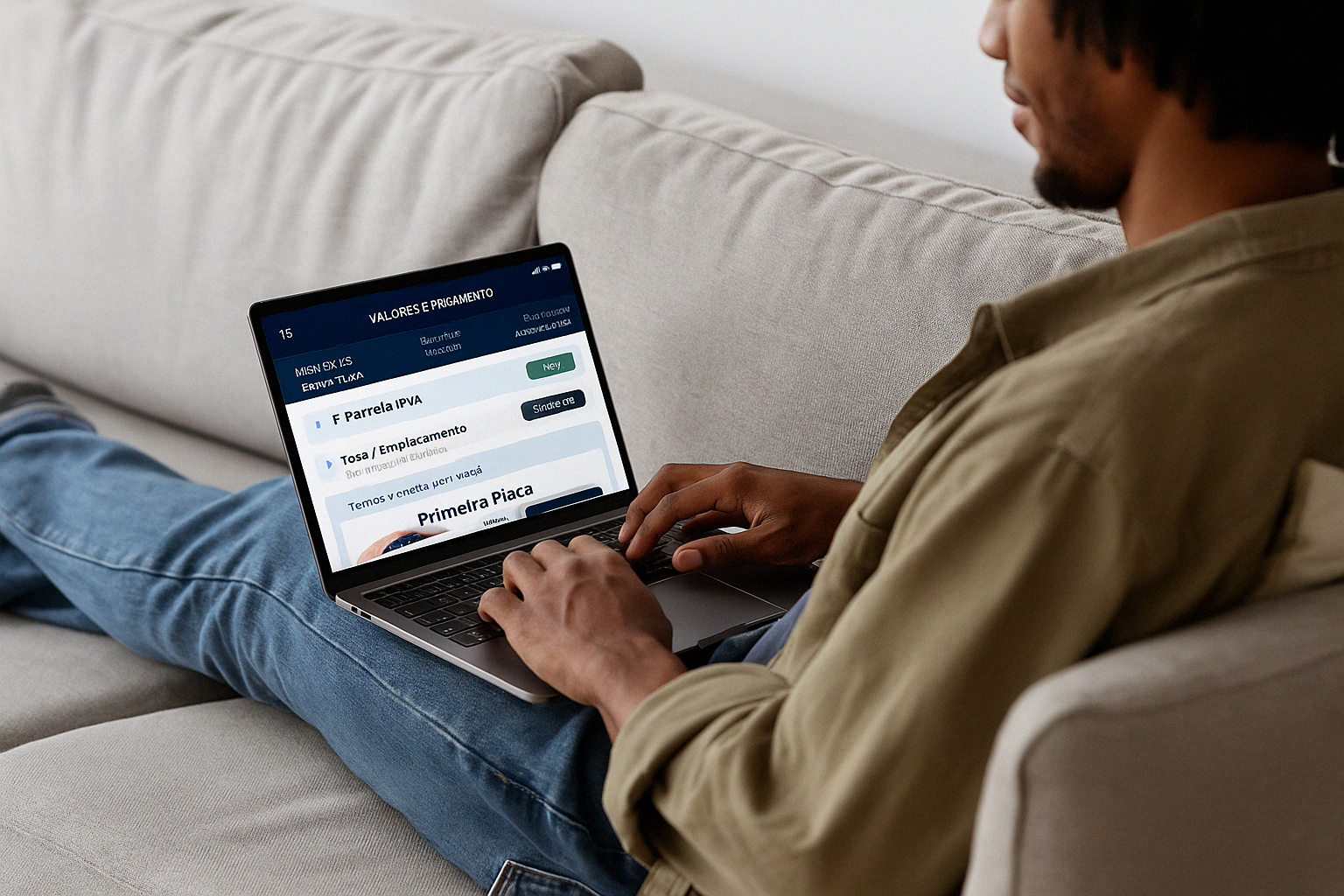  Pessoa sorridente ao verificar que o veículo está regular no sistema do Detran, pelo app. 