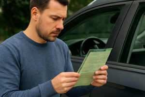 Homem atualizando documentos do veículo ao lado do carro.