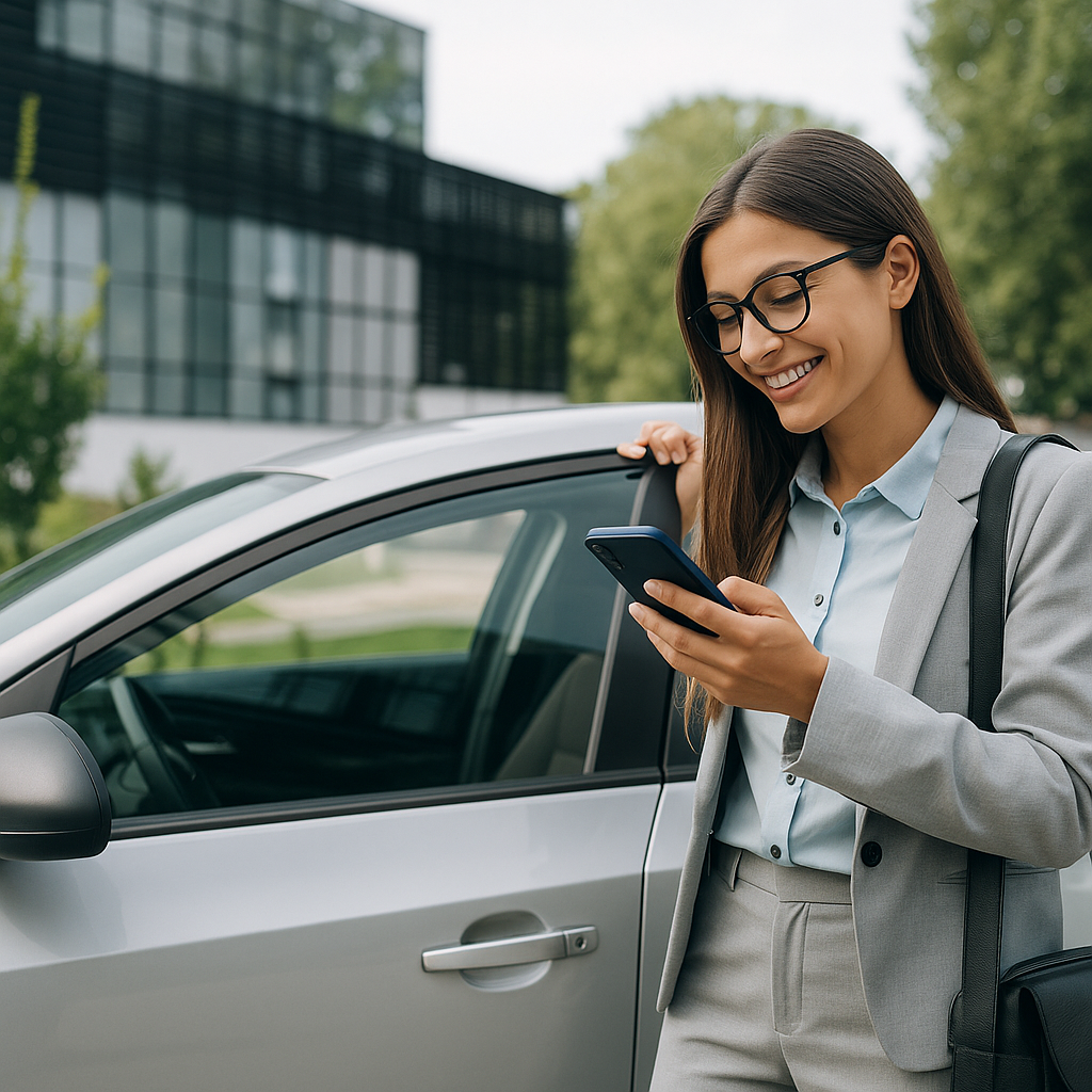Motorista usando o app Primeira Placa ao lado do carro, após concluir a transferência de veículo de forma rápida e sem risco de multas.