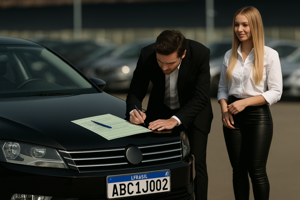 Carro de leilão com documentos e placa nova pronta para emplacamento.