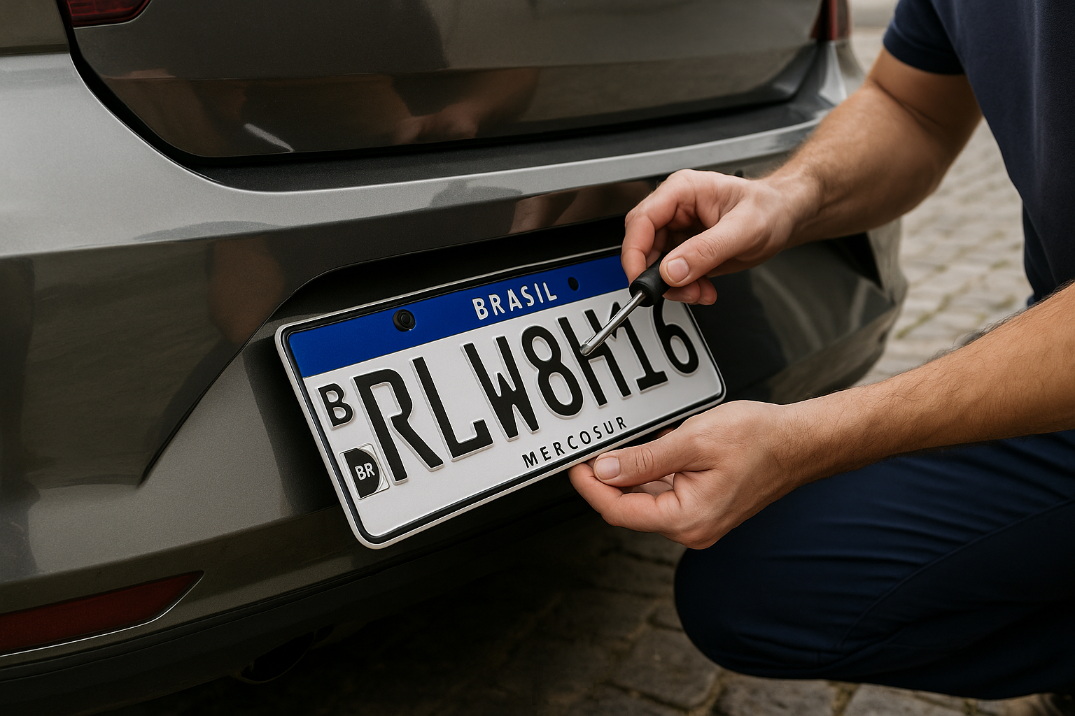 Homem realizando o emplacamento de um veículo novo, fixando a placa Mercosul na parte dianteira do carro, representando o processo de emplacamento de veículo online.