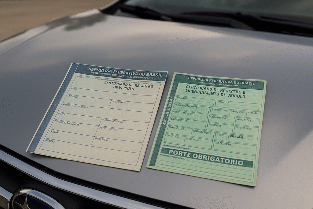 Documentos CRV e CRLV lado a lado sobre o capô de um carro.