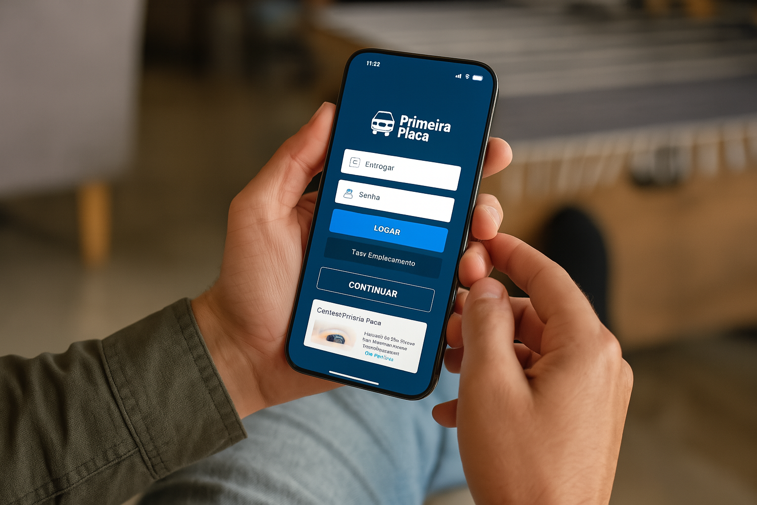Pessoa segurando um celular com a tela em branco, prestes a acessar um site, em um ambiente interno com fundo desfocado.