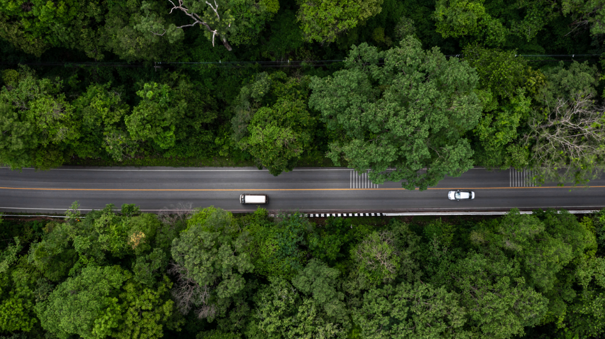 Vista aérea de estrada cercada por floresta, simbolizando sustentabilidade e menor impacto ambiental no setor automotivo.