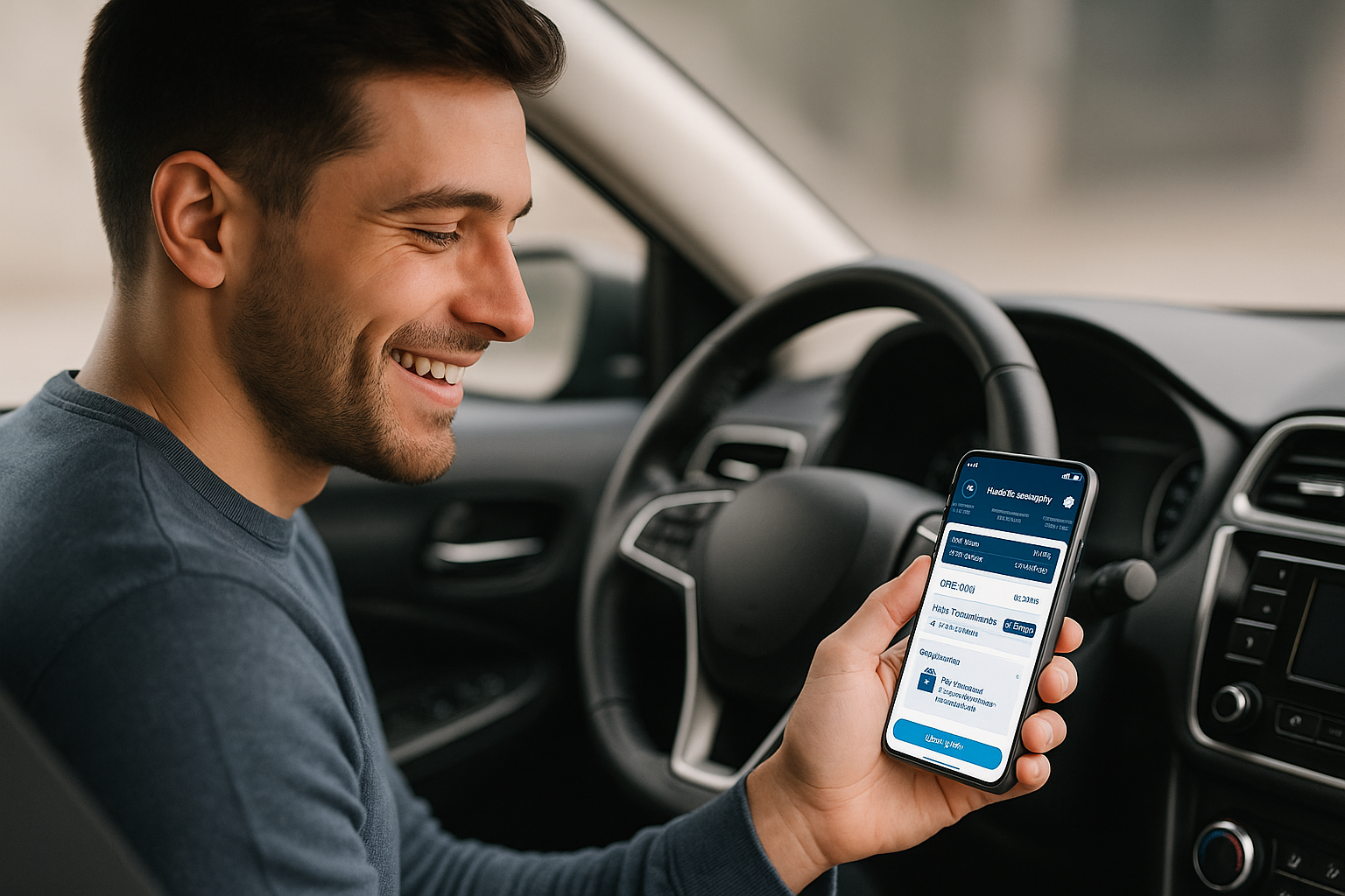 Motorista dentro de um carro usando o app do primeira placa no celular, transmitindo praticidade e tecnologia.